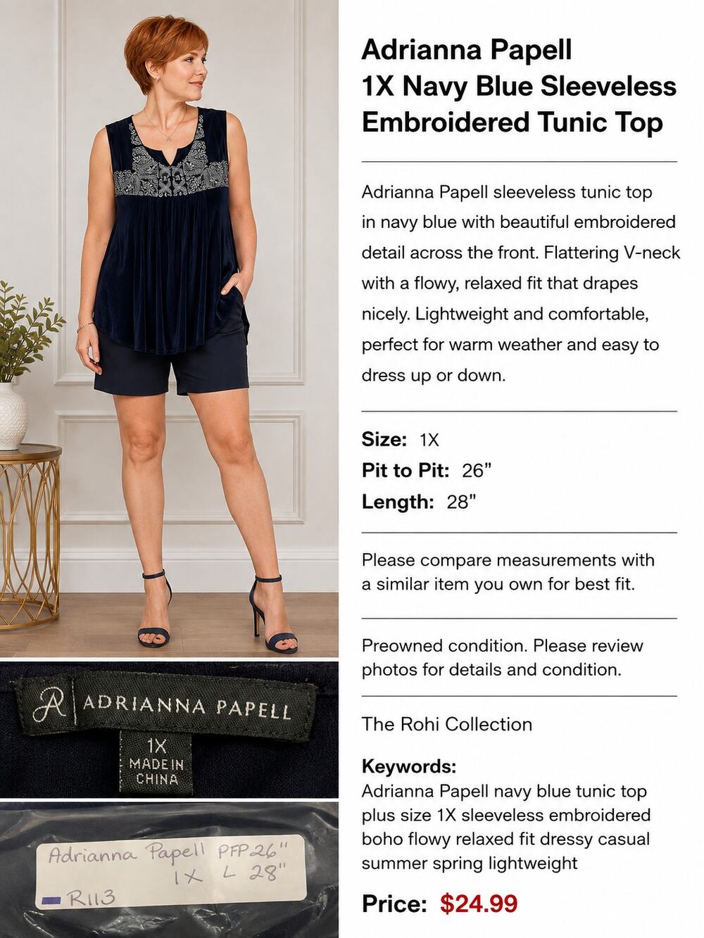 R113 Adrianna Papell 1X Navy Blue Sleeveless Embroidered Tunic Top